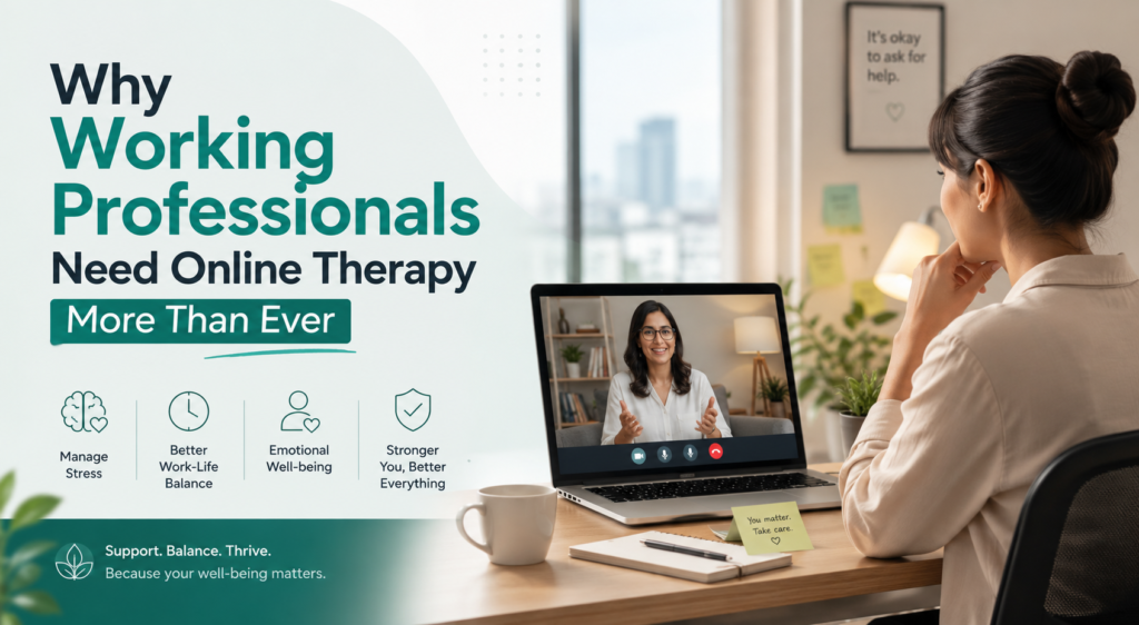 A working professional participates in an online therapy session via laptop from a home office, illustrating mental health support, stress management, and work-life balance for modern employees.