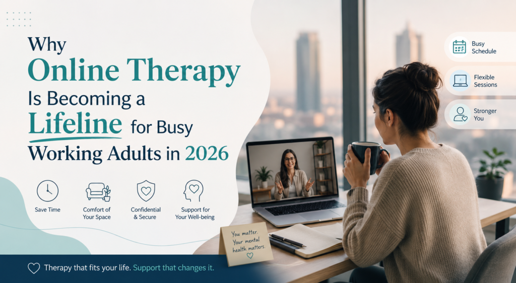 Woman attending an online therapy session from home while working remotely in 2026