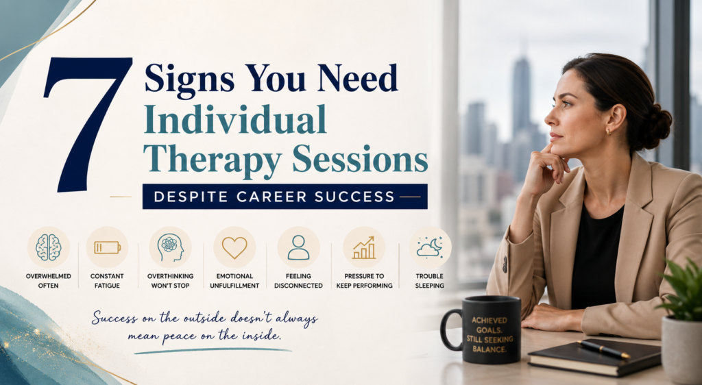 Successful professional reflecting in an office, highlighting signs of emotional stress despite career achievement.