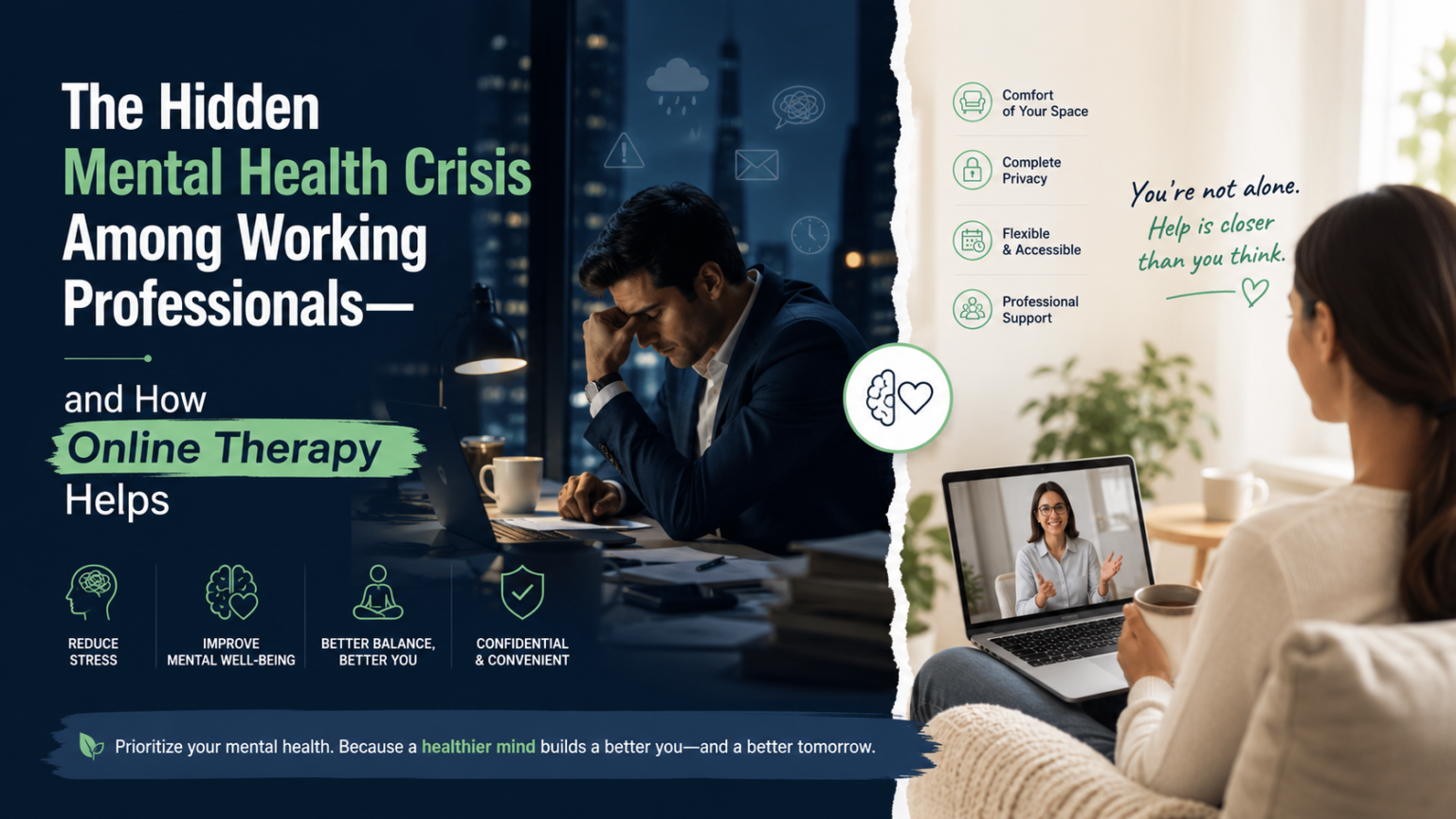 Working professional feeling stressed at a desk alongside a person attending an online therapy session, illustrating how online mental health support helps reduce workplace stress.